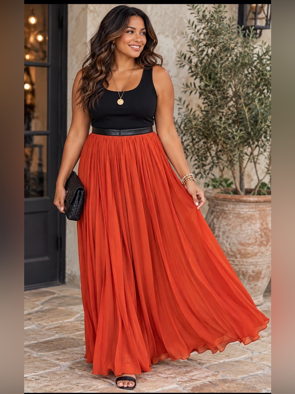 Abercrombie & Fitch Orange Pleated Maxi Skirt Faux Leather Waist M